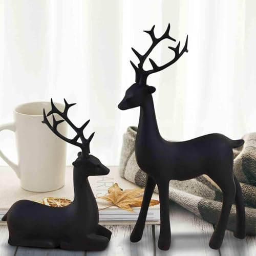 WKAYsIV 2pcs Black Reindeer Christmas Decoration Resin Figurines Deer Statues Elks Sculpture Deer Ornaments for Home Offices (Black)