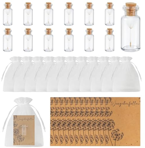 12 st önskefullnad maskros i glas – önskat glas presentset med maskrosfrön, kort, organza-påse och hampband – present till bröllop, födelsedag och jul