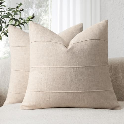 ZWJD Fundas de Cojines 45x45 de Lino Natural, Pack de 2 Unidades Fundas Cojines de Color Beige Natural con Patrón de Rayas, Ideales para Sofá, Cama, Dormitorio y Salón, Cojines Decorativos Modernos