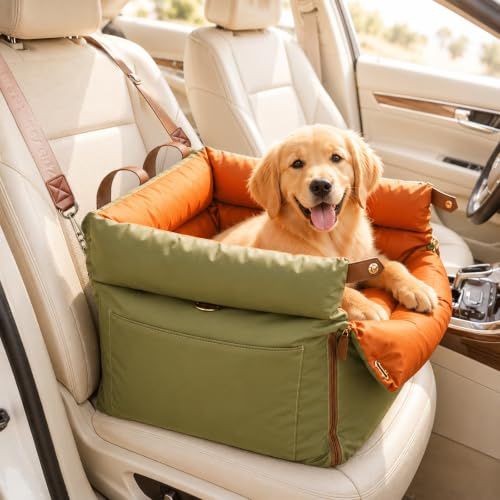 Dog Car Seat for Small Medium Dogs, Luxury Waterproof Leather Pet Booster Seat for Small & Medium Pets up to 35lbs Travel Dog Car Bed with Safety Lead, Front or Back Seat Use