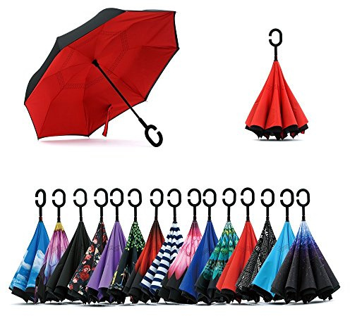 Jooayou Parapluie Inversé Anti-UV Double Couche Mains Libres Poignée C Coupe-Vent