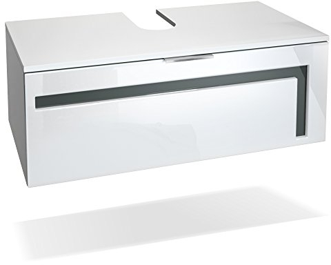 Vladon Waschtisch Waschbecken Unterschrank Aloha V2, Made in Germany, Korpus in Weiß matt/Fronten in Weiß Hochglanz mit Absetzungen in Grau Hochglanz