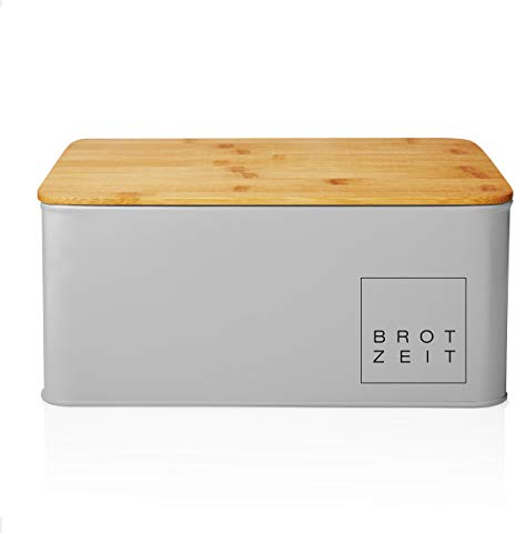 Lumaland Cuisine Brotkasten | Brotdose aus Metall mit Bambus Deckel | Brotbox rechteckig 30,5 x 23,5 x 14 cm | 2in1 Brotbehälter & Schneidebrett [Hellgrau]
