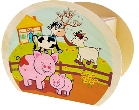 Hess Holzspielzeug 20016 - Kinder-Spardose aus Holz mit Bauernhof-Motiv inkl. Gummischloss, handgefertigt, für Geld-Geschenke zum Geburtstag, ca. 11,5 x 8,5 x 6,5 cm groß