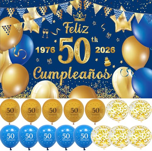 Pancarta Cumpleaños 50 1976-2026 +15 Globos Banderola de Feliz 50 Años