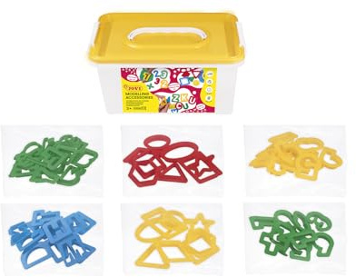 Jovi - Coffre avec moules à découper pour pâte à modeler, 2 jeux de lettres, 2 jeux de chiffres et 2 jeux de formes géométriques, 96 pièces