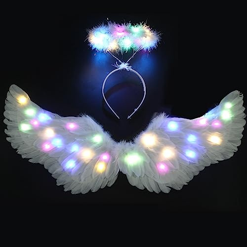 Ptesuply Ailes d'Ange, Ailes d'Ange Illuminées et Auréole, avec Lumières LED, 3 Modes d'Éclairage, Costume d'Ange Blanc, pour Halloween, Noël, Cosplay, Fêtes, Coloré, L