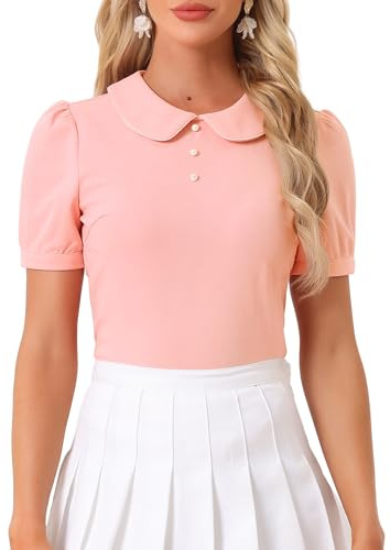 Allegra K Haut Chemisier à Manches Courtes Bouffantes à col Claudine pour Femmes Rose XL