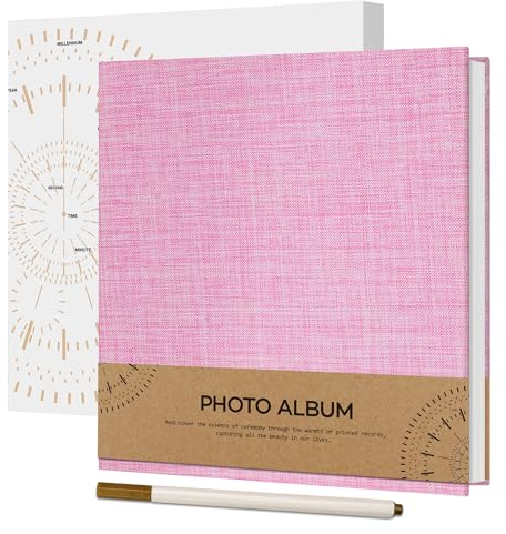 Vienrose Self Adhesive Photo Album for 4 x 6 Picture, Linen Cover Scrapbook Album 40 White Pages DIY Photo Book with a Ballpoint Pen for Wedding, Birthday, 17x18 cm, Pink