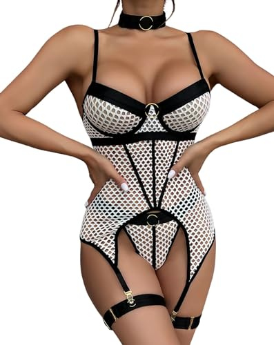 EVELIFE Ensembles de Lingerie pour Femmes Body en Résille Sexy avec Jarretelles Cuisse Ras du Cou Sous-Vêtements Nuisettes Sans Bas