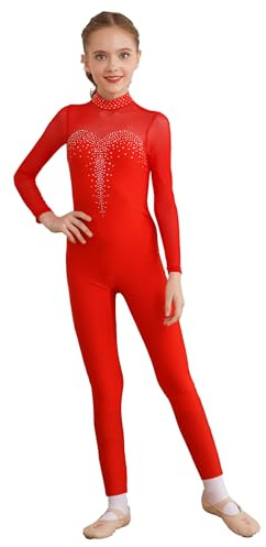 YiZYiF Ragazza Bodysuit da Ginnastica Tuta Sportiva da Danza Jumpsuit Sheer Mesh Manica Lunga Body da Danza Classica Allenamento Abito da Pattinaggio Rosso 11-12 anni