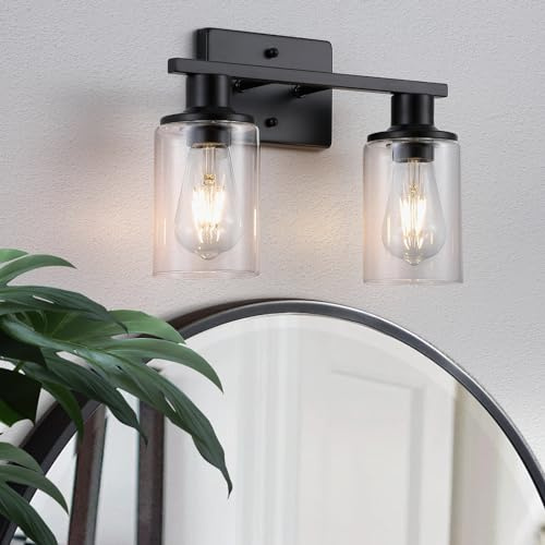 Litaddscen 2-Light Matte Black Bathroom Vanity Light,Bathroom Light Fixtures Over Mirror with Clear Glass Shade,Modern Farmhouse Wall Sconces Lighting for Kitchen Living Room Cabinet