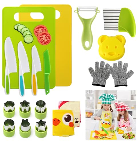 BelleStyle Kids Kitchen Knives Set, 18 Pieces Toddler Safe Knives Set - Children's Cooking Knives, Crinkle Cutter, Y Peeler, Fruit Cutters, Cutting Boards, Kids Apron for Vegetables Fruits Salad Cake
