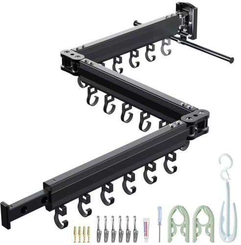 Wall Mounted Clothes Drying Rack, Space Saving,Triple Foldable, Retractable Clothes Airer with Extension Pole, Aluminium Clothes Dryer Rack with 18 Hooks, For Balcony, Laundry(Black-Single Hook )