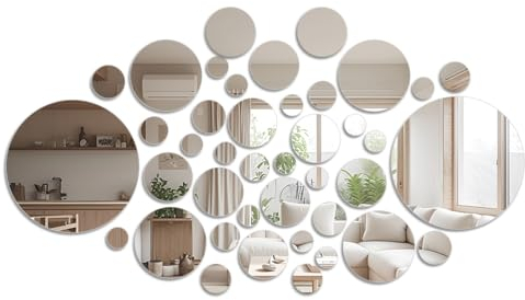 YOPEUC 36 Pc Stickers Miroir Adhésif Miroir Decoration Murale, 3D Miroirs Rond Muraux Autocollants pour Chambre Intérieur, Acrylique Rondes Sticker Mural pour Salon Cuisine Chambre Bureau TV Fond