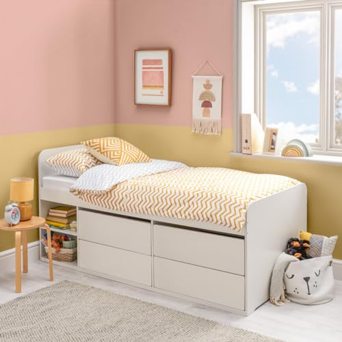 Home Treats Single Wooden Bed Frame Cabin Bed with 4 Storage Drawers 2 Shelves Raised Bed for Children Kids Teenagers (No Mattress)