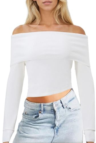 EMOTTOS Crop Tops en Tricoté pour Femmes, Tops Y2K pour Femmes T-Shirts Slim Fit Asymétrique Top, Pull Moulant Coeur Fashion Going Out Club Soirée pour Filles, Blanc, S