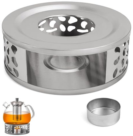 Calientaplatos para tetera, calentador de té con vela de té, calentador de té de acero inoxidable, tetera con portavelas para teteras y cafeteras (sílaba)
