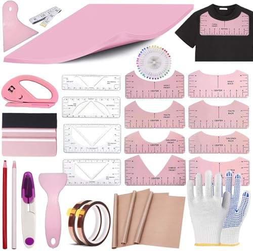 77 piezas de sublimación camisas kits de herramientas para alineación de vinilo, almohadilla de prensa de calor de silicona, guía de reglas de camisetas y hoja de teflón para Cricut calor prensa HTV