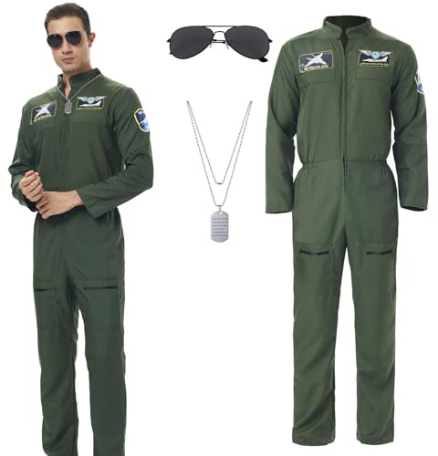 Joyincoser Costume de pilote d'aviateur pour homme - Uniforme avec lunettes de soleil - Pour cosplay, Halloween, fête, carnaval - Vêtements de carnaval - Adulte - Homme - Taille XL