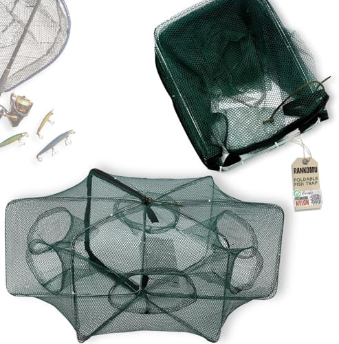 Rankomu NASA Pesca 6 Agujeros - Red de Pesca Plegable con Cremallera, Trampa Cangrejos y Camarones en Nylon Resistente para Mar Río Lago (58x22cm)