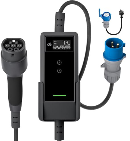 dé Mobile Wallbox/Ladestation 7,4kW [6m|1-phasig|6-32A] Ladekabel CEE 32A auf Typ 2 mit Einstellbarer Ladeleistung Ev Charger Wallbox 7,4kw für Model Y/3 e-tron und BEV/PHEV