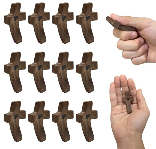 Lot de 12 croix chrétiennes en bois « Cross My Heart », petites croix chrétiennes, pour prière de poche, foi et encouragement, cadeau pour Pâques, baptême, Noël, décoration et soulagement du stress