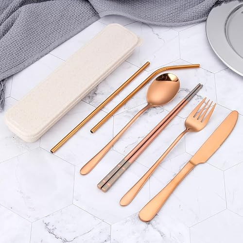YNIYUJKL Silverware Flatware Set, 6/24/36/48/60/72Pcs 304 Stainless Steel Portable Tableware Straw Set Creative Travel Camping Student Steak Knife Fork Spoon,Rose Gold-6 Pieces for 1