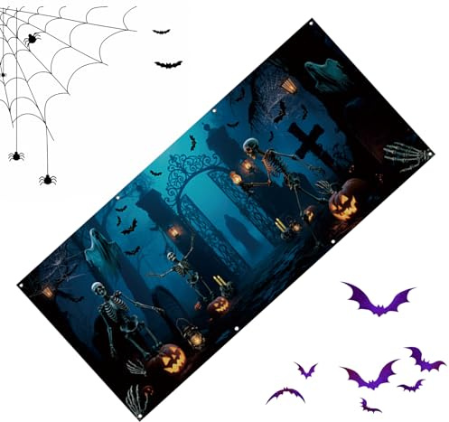 Striscione Porta Garage per Halloween - Banner Cancello Cimitero - Murale Spaventoso Fondale 4x1,8 M Decorazioni Per Festa Di Halloween
