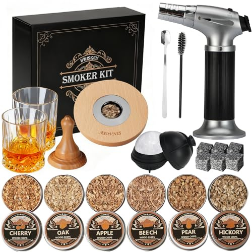 Whiskey Smoker Kit with Torch - 6 Flavors Wood Chips, 2 Glasses, 6 Stones, Cocktail Smoker Infuser Kit, Old Fashioned Drink, Birthday Bourbon Whiskey Gifts for Men, Dad(No Butane)
