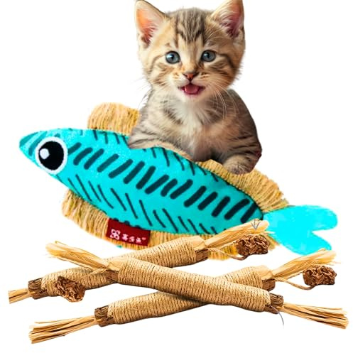 TheGuard Silvervine Chew Sticks for Cats – 4 Natural Cat Toy set for Indoor Cats, Healthy Teeth & Mental Enrichment, 1 Cute Fish Toy silvervine for cats, Potent Fresh Matatabi Sticks