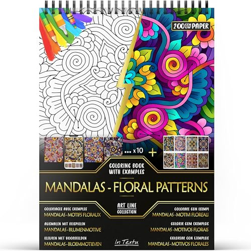 In Textu – Mandalas - Motivos florales – Libro de colorear para adultos y adolescentes con ejemplos coloreados inspiradores – Papel premium de 200 g/m² – Encuadernación en espiral fina –