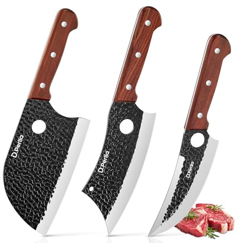 D.Perlla Set di Coltelli da Macellaio 3 Pezzi Coltello da Mannaia, Coltelli da Chef per Carne in Acciaio per Casa Cucina Campeggio All'aperto BBQ