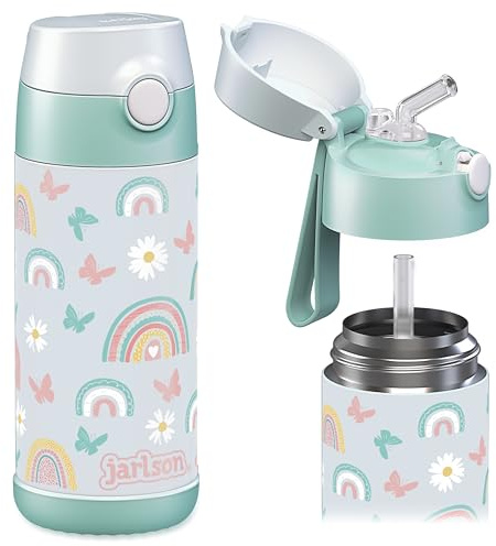 Jarlson® Termosflaska för barn i rostfritt stål Charli [med ström] – termosflaska – läckagesäker – termosflaska – vattenflaska för barn – termosflaska för skola och dagis (350 ml, regnbåge)