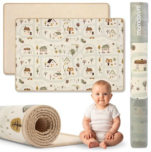 Mamabrum Alfombra de Juego Reversible 180x120 cm para Bebé y Niño, Superficie Suave de Espuma XPE para Gatear y Jugar, Diseño Ciudad Encantadora/Beige Arena, Base Ligera Enrollable
