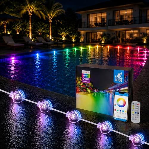 Soiarllt Illuminazione per laghetto RGB, 25 m, 16 in 1, luci subacquee con app e telecomando, 16 milioni di colori, scene fai da te e 44 modalità di illuminazione, IP68, illuminazione per piscina