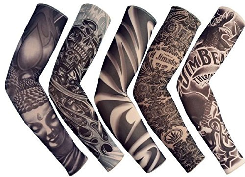 Fake Temporary Tattoo Arm Sleeves Arts Slip on Arm Sunscreen Sleeves Cover Up Body Arm Stockings Tribal, Tiger, Dragon, Skull For Women Men Outdoor Sport Cycling Riding Fishing Driving (5pcs Black)