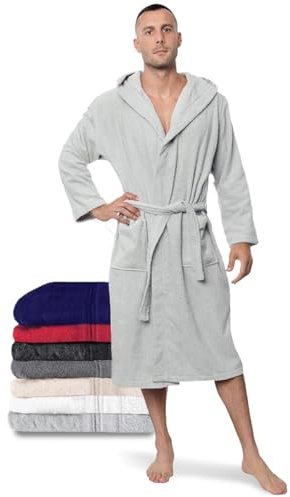 Twinzen Herrbadrock - 100% Bomull Med Huva,3XL Grå - Oeko-TEX®-certifierad - Frottébadrock 2 Fickor, Bälte - Mjuk, Absorberande och Bekväm