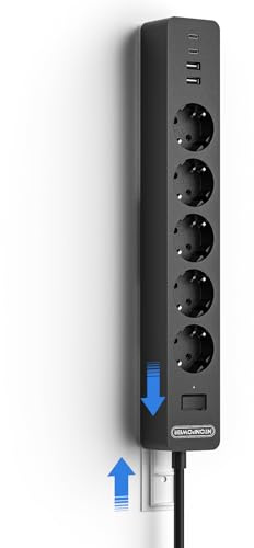 NTONPOWER 5-vägs strömlist med USB-C flera uttag överspänningsskydd väggmontering använd lim, svart