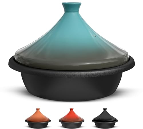KooK Moroccan Tagine, Enameled Cast Iron Cooking Pot, Tajine with Ceramic Cone-Shaped Closed Lid, 3.3 QT, (Stone Blue)