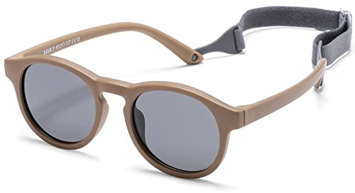 HJSTES Polarized Baby Sunglasses for Toddler Boys Girls, TPEE Flexible Frame with Strap, for Infant Age 0-3(Round Brown)