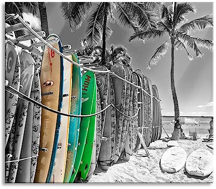 Planches de surf colorées sur la plage Plaque de recouvrement et protection anti-éclaboussures en verre véritable | Pour plaques de cuisson | 60 x 52 cm