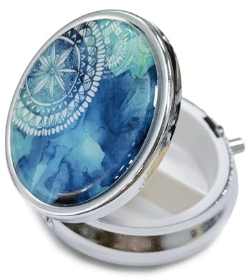 Belegao Pill Box with Mirror 3 Compartment Small Metal Pill Case for Pocket | Portable, Round, Mini Medicine Storage for Tablets, Vitamins, Cod Liver Oil Supplements, Medication Organiser, Blue