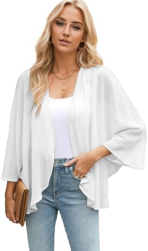 Famulily Lightweight Kimonos for Women Summer Beach Cover up Capes Open Front Shrugs Shawl Blouse Tops (S,White)