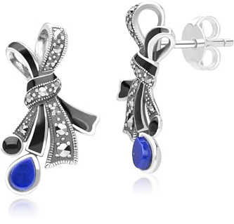 Pendientes de tuerca de estilo Art Nouveau con lazo de marcasita, lapislázuli y cinta esmaltada negra en plata de ley, Gema Plata de ley, Lapislázuli