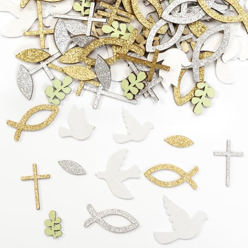 Décoration Baptême Confettis de Table - 100 Pièces Déco de Table en Bois, Communion Poisson Colombe Croix, Set de Table Confirmation, Ornement Cérémonie Fille et Garçon