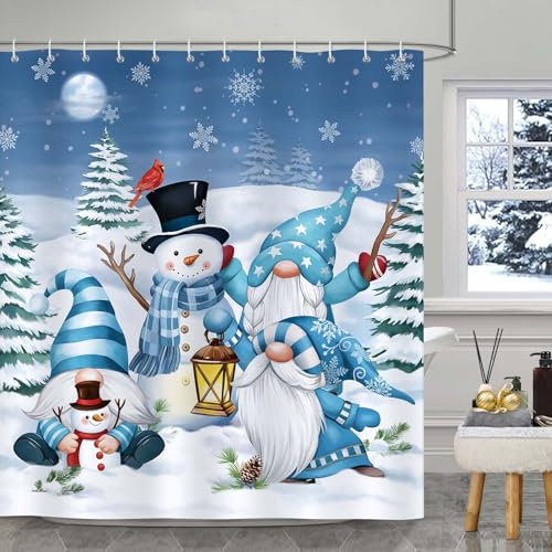 Bonhause Rideau de Douche Noël Gnomes Bonhomme de Neige Pin Neige - Tissu Polyester Anti Moisissure Imperméable Lavable pour Salle de Bain - 180 x 180 cm avec 12 Crochets pour Baignoire