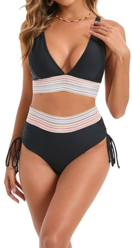 Risipu Women's High Waisted Bikini Set Tummy Control Two Piece Swimsuit Color Block Sexy V Neck Drawstring Beach Bathing Suit (UK, Alpha, L, Regular, Regular, Black)