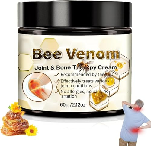 Bee Venom Cream for Joint & Bone Therapy - Hyaluronic Acid & Salicylic Acid Formula - Supports Joint Flexibility & Muscle Comfort, 60g / 2.12oz