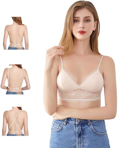 XFSRG Sujetadores Mujer sin Aros Push up Triangular Encaje Sujetador sin Costuras Tirantes Ajustables Bralette Efecto Lifting Cómodo Soporte Pecho(Beige/M)